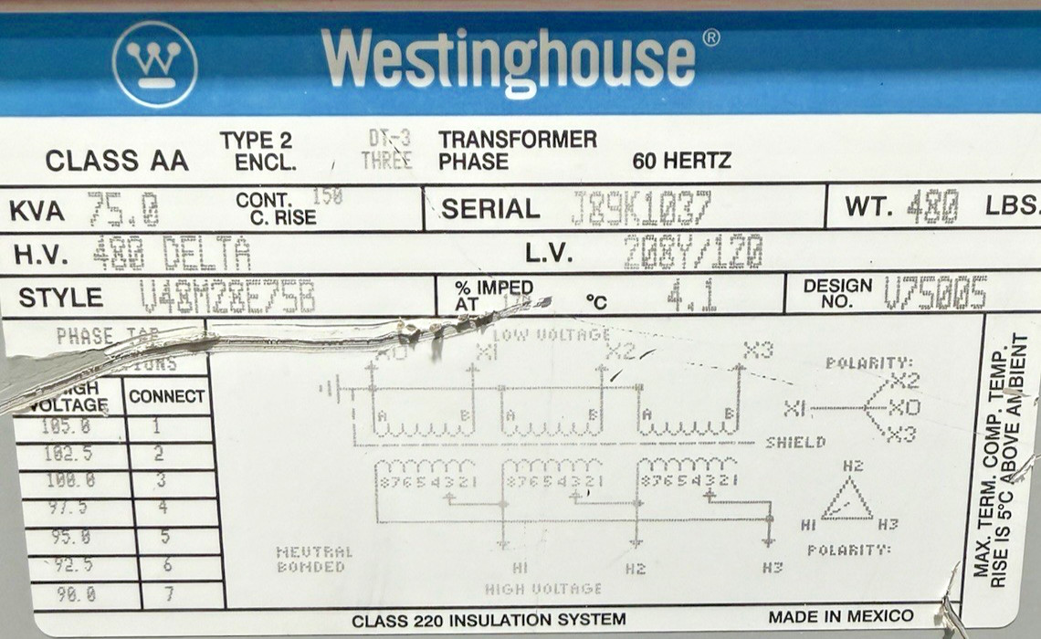 75 KVA 480 Primary, 208Y/120 Secondary, Westinghouse #J89K1037, Transformer, 60 Hz, NEMA 2 - Image 2