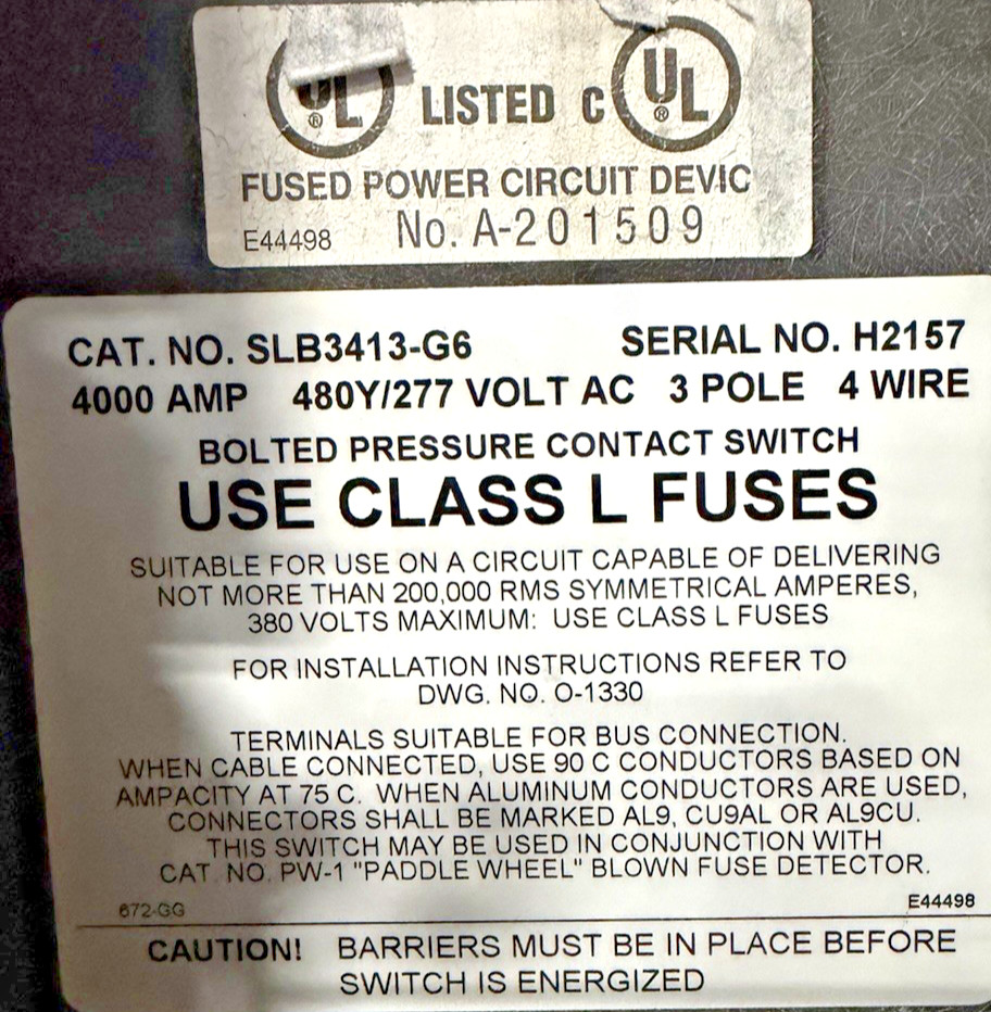 4000 Amp. Boltswitch #SLB3413-G6, bolted pressure, 480 Volts, 3 Pole, 4 Wire, w/ fuses - Image 2