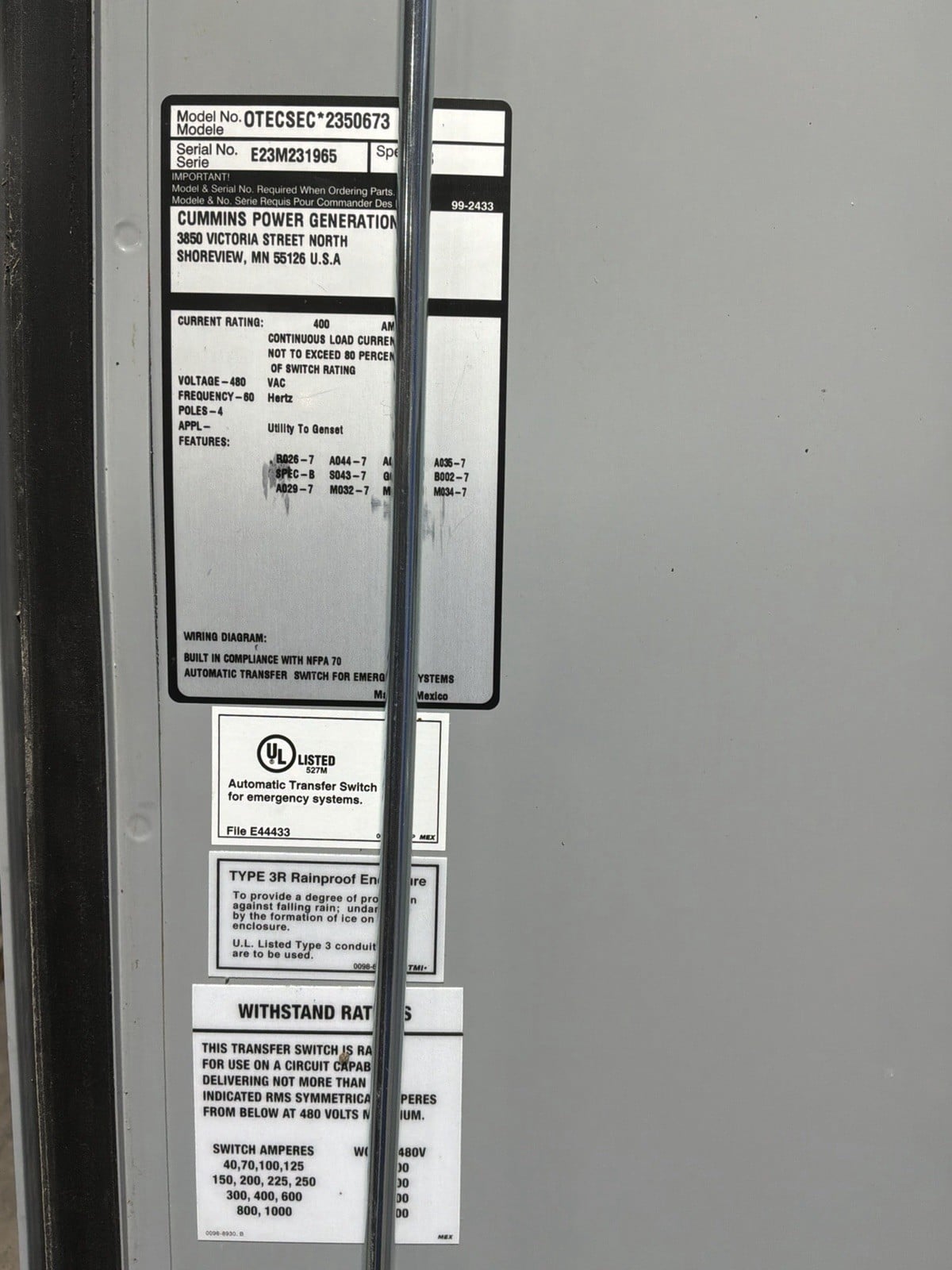 600 Amp. Cummins #E23M231965, Transfer Switch, 480 Volts, 4 Pole, service entrance rated, 60 Hz - Image 2