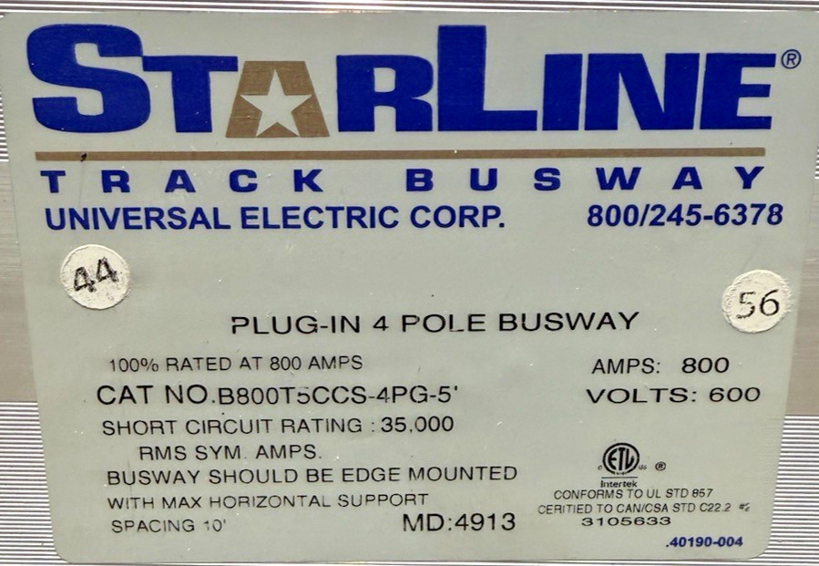 800 Amps, Starline #B800T5CCS-4PG-5, Plug-In Busway, 600 Volts, 4 Pole - Image 2