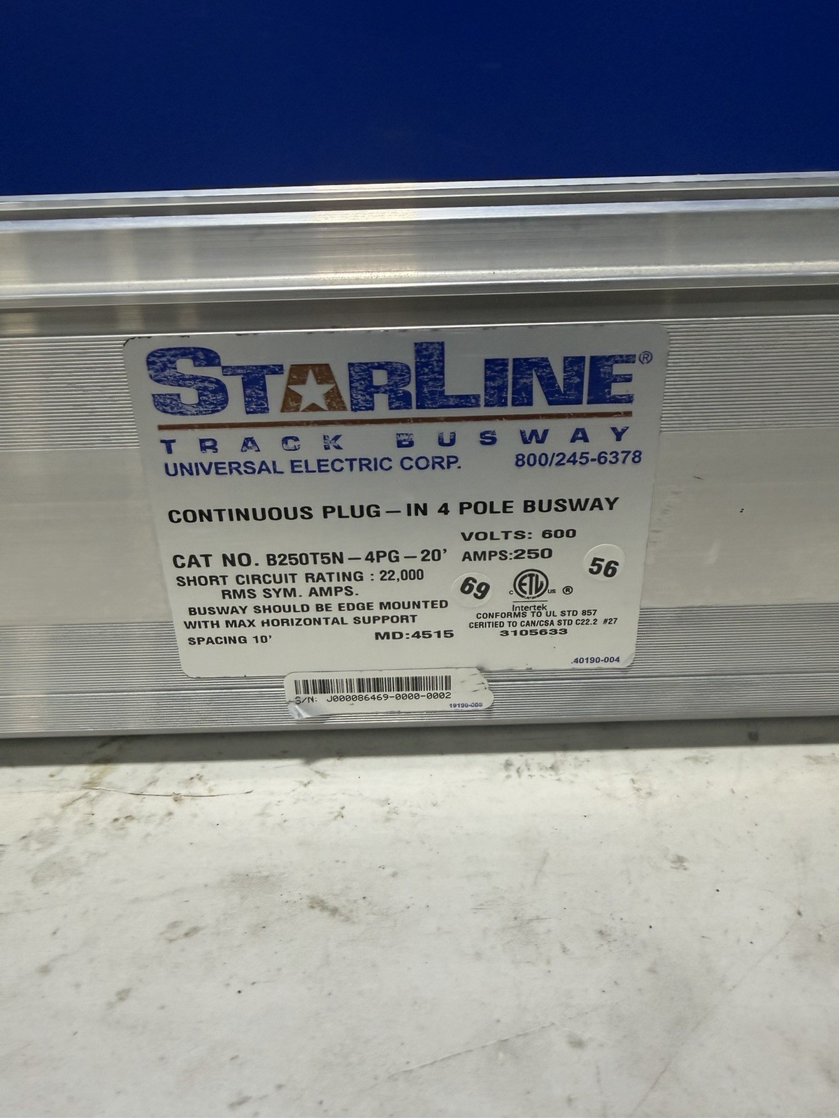 250 Amps, Starline #B250T5N-4PG-20, Plug-In Busway, 600 Volts, 4 Pole - Image 2