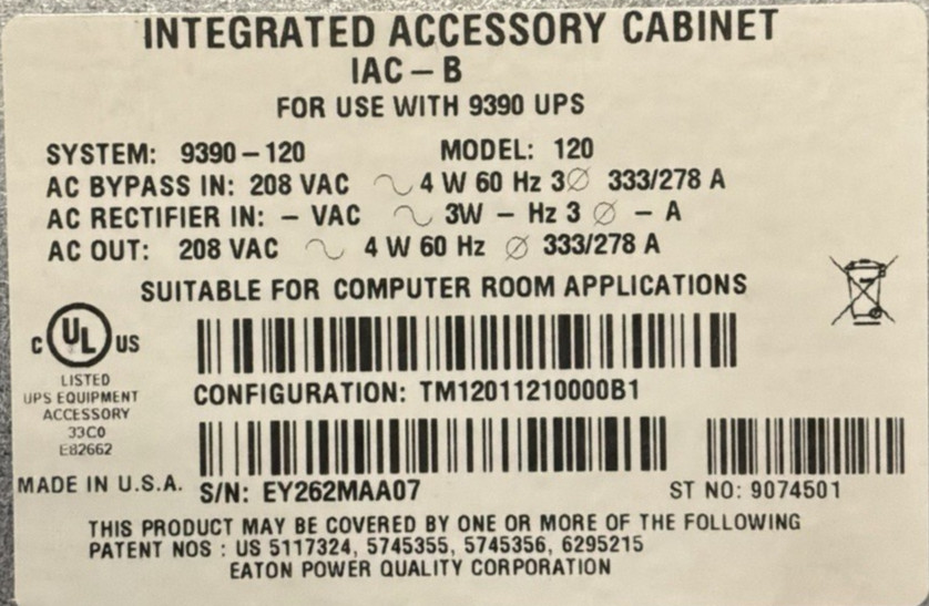 Eaton 9390 Powerware, integrated accessory cabinet, Model 120, 208 Volts, 3 Phase, 4 Wire, 60 Hz - Image 2