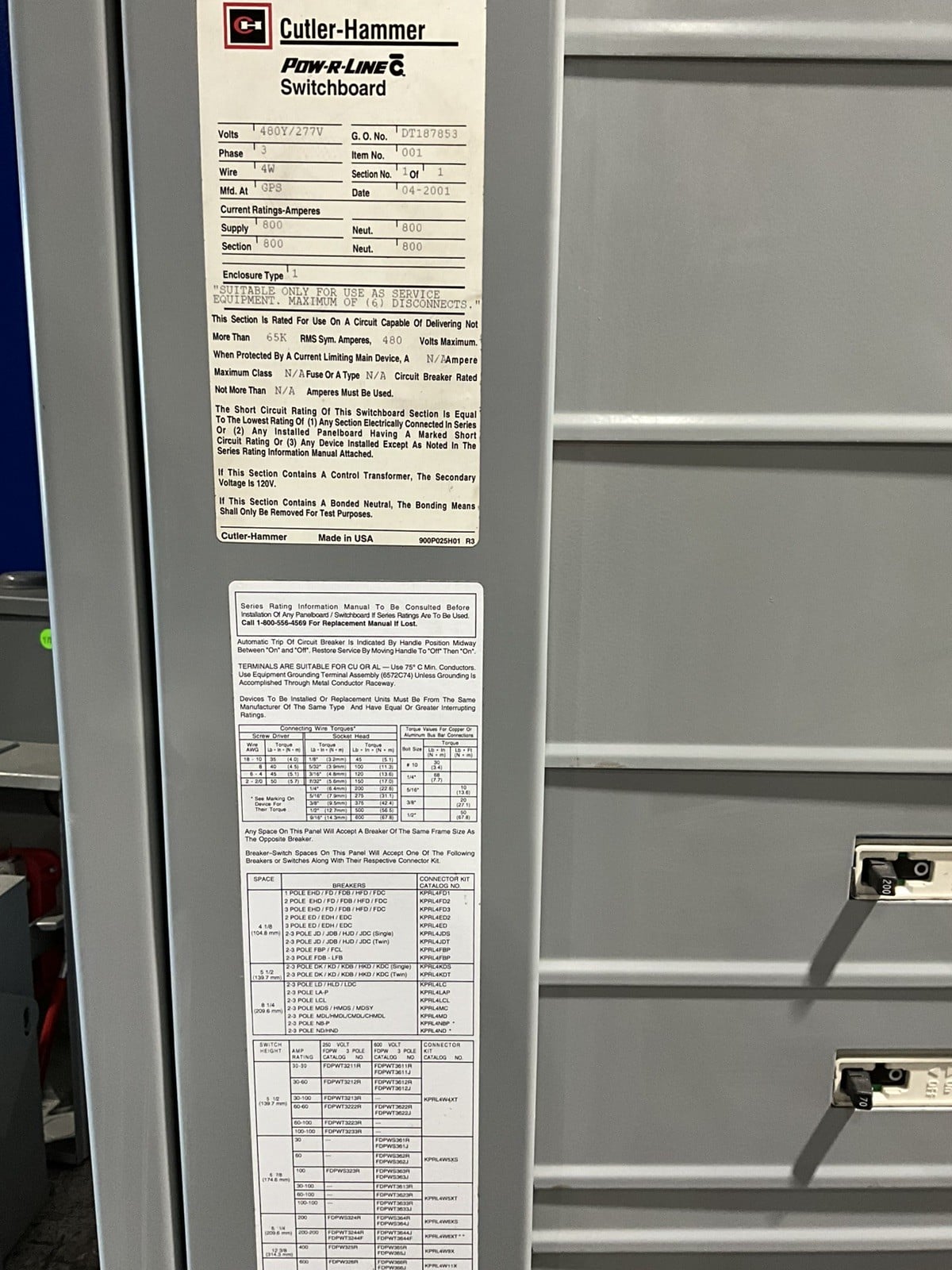 800 Amps, Cutler-Hammer DT187853, Switchboard, 480 Volts, 3 Phase, 4 Wire - Image 5