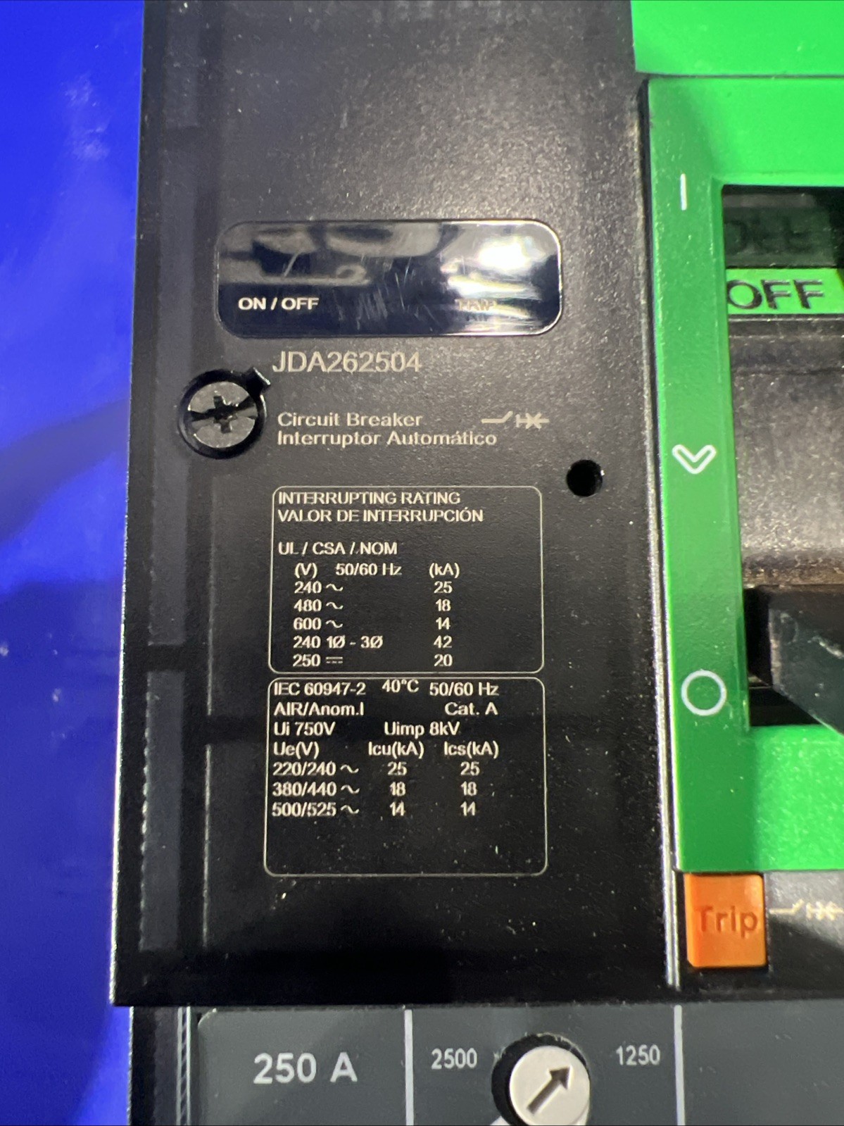 250 Amps, Square D #JDA262504, circuit breaker, 600 Volts, 2 Pole - Image 3