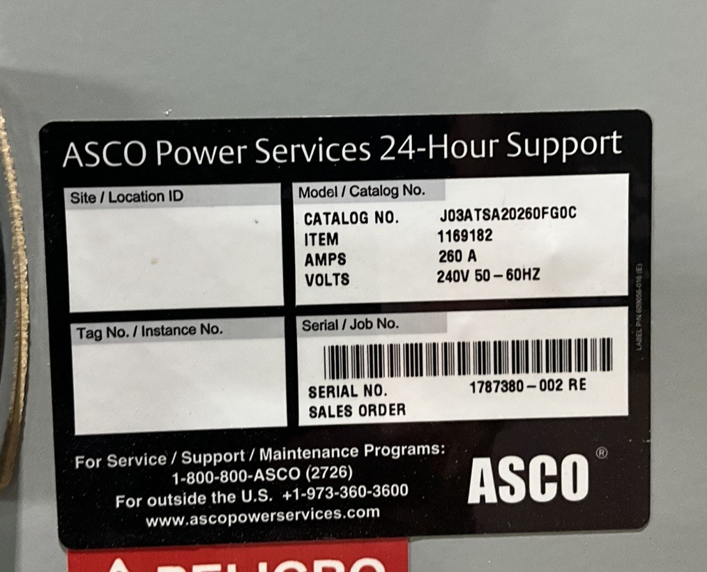 260 Amp. ASCO #J03ATSA20260FG0C, Automatic Transfer Switch, 240 Volts, 1 Phase, 50/60 Hz - Image 3