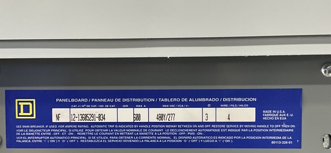 600 Amp. Square D 12-13605291-034, NF MLO Panelboard, 480 Volts, 3 Phase, 4 Wire - Image 2