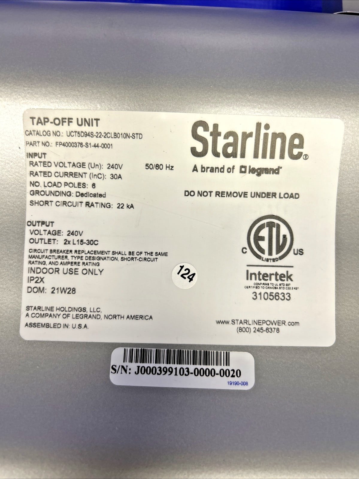 30 Amps, Starline #UCT5D94S-22-2CLB010N-STD, Busway Tap Box, 240 Volts - Image 4
