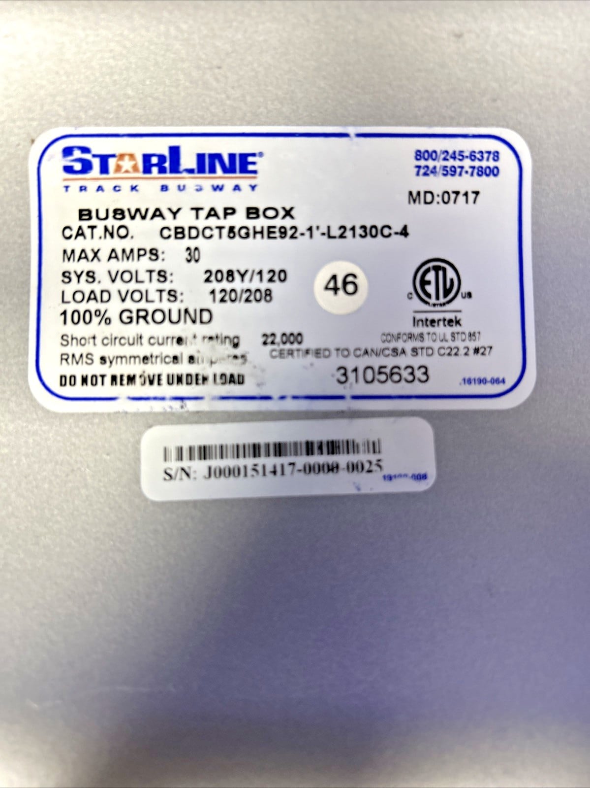 30 Amps, Starline #CBDCT55GHE92-1'-L2130C-4, Busway Tap Box, 208 Volts - Image 5