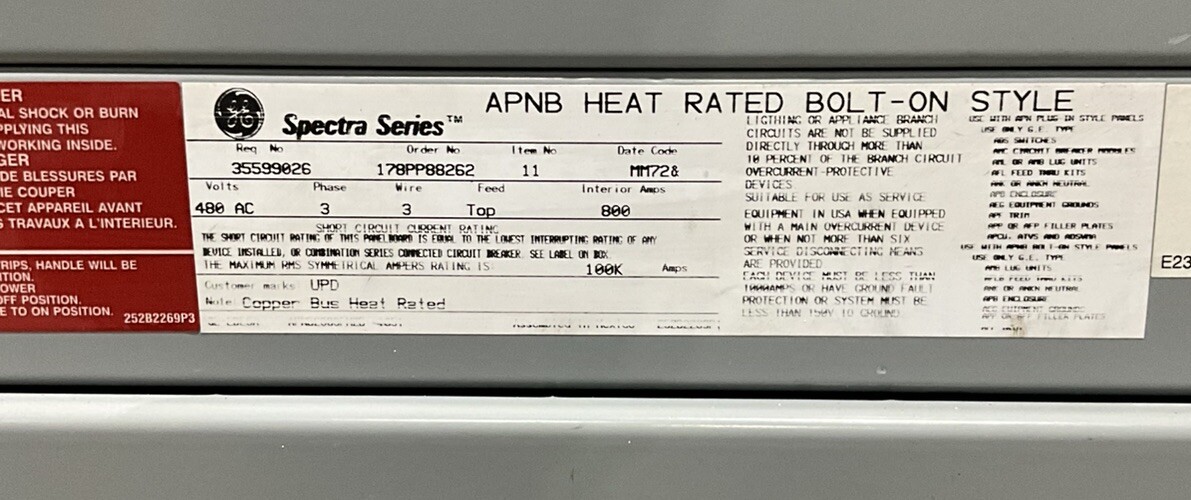 800 Amp. General Electric 35599026, Spectra Panelboard, 480 Volts, 3 Phase, 3 Wire - Image 2