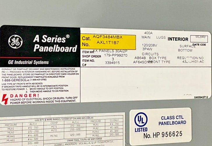 400 Amp. General Electric AQF3484MBX, MLO Panelboard, 120/208 Volts, 3 Phase, 4 Wire (3 available) - Image 10