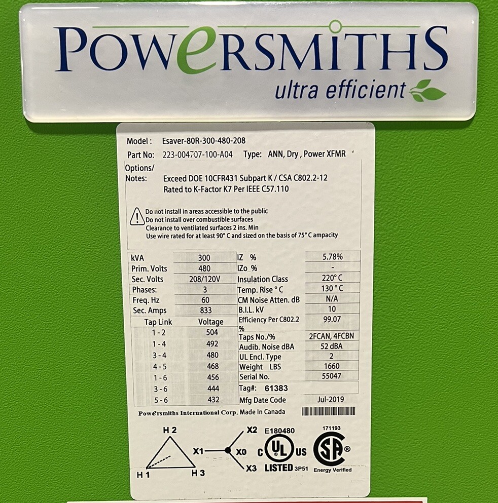 300 KVA 480 Primary, 208/120 Secondary, Powersmiths, Transformer, 3 Phase, E-Saver - Image 2