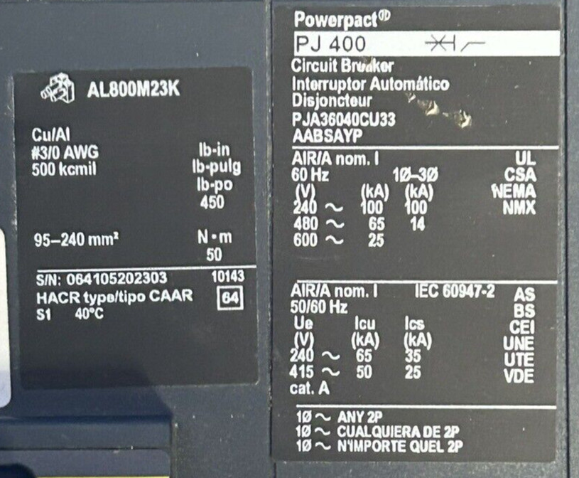 400 Amps, Square D #PJA36040CU33, I-Line circuit breaker, 600 Volts, new, open box - Image 2