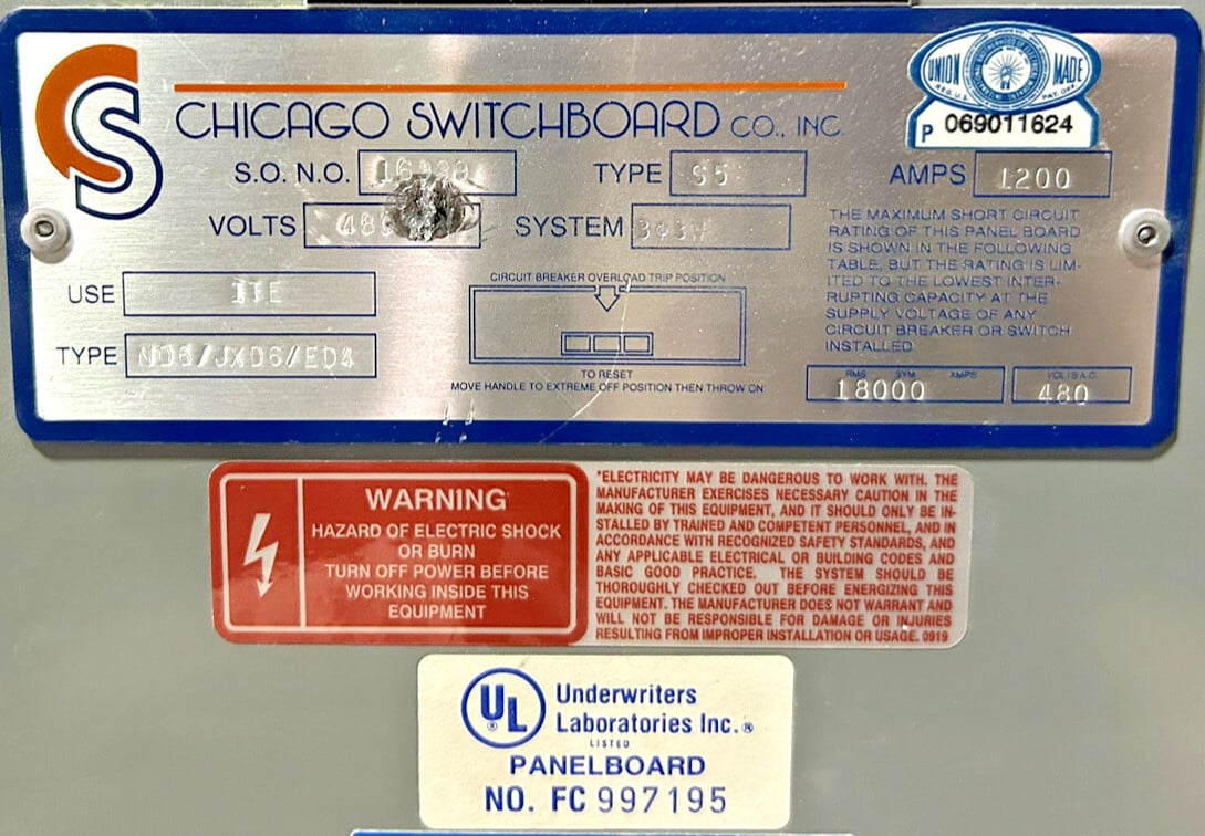 1200 Amp. Chicago Switchboard 16939, ITE Panelboard, 480/277 Volts, 3 Phase, 3 Wire - Image 2