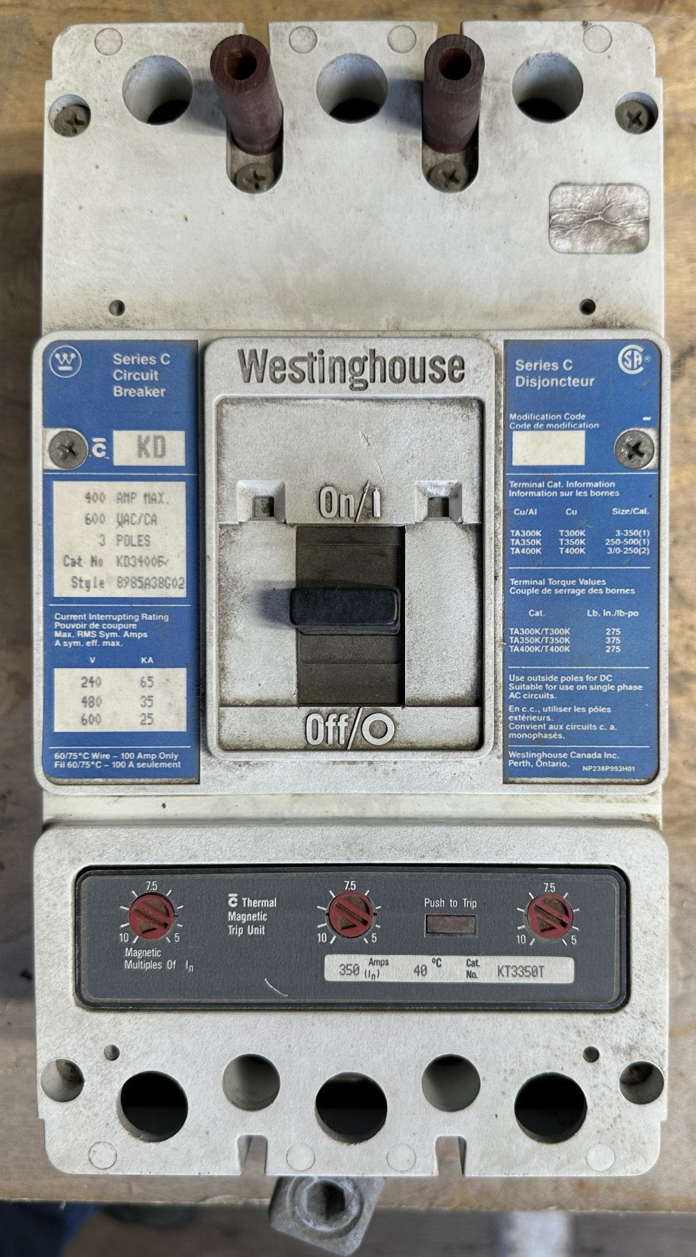 350 Amps, Westinghouse #KD3400F, Series C 400 Amp frame molded case circuit breaker w/ KT3350T trip, 3-pole - Image 2