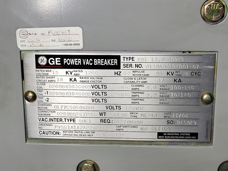 1200 Amps, General Electric PowerVac, VB1-13.8-500-3, Vacuum Circuit Breaker, 15 KV, 18 KA short circuit, 125 - Image 2