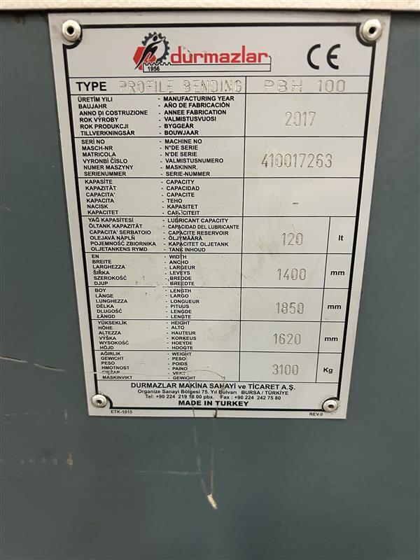 Durma #PBH-100, profile bender, 3 roll driven, 4.3"/3.9" shaft diameter, 12.4" roll diameter, 15 HP, 26.2 - Image 2