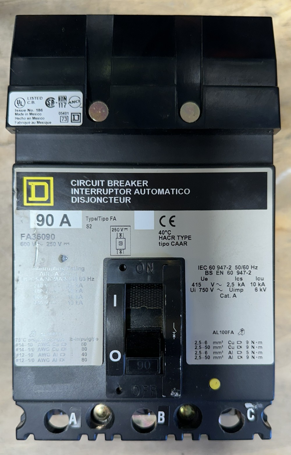 90A, Square D, FA36090, Type FA Plug-In Molded Case Circuit Breaker, 3-Pole, 600 VAC / 250 VDC, 18kA @ 480V - Image 3