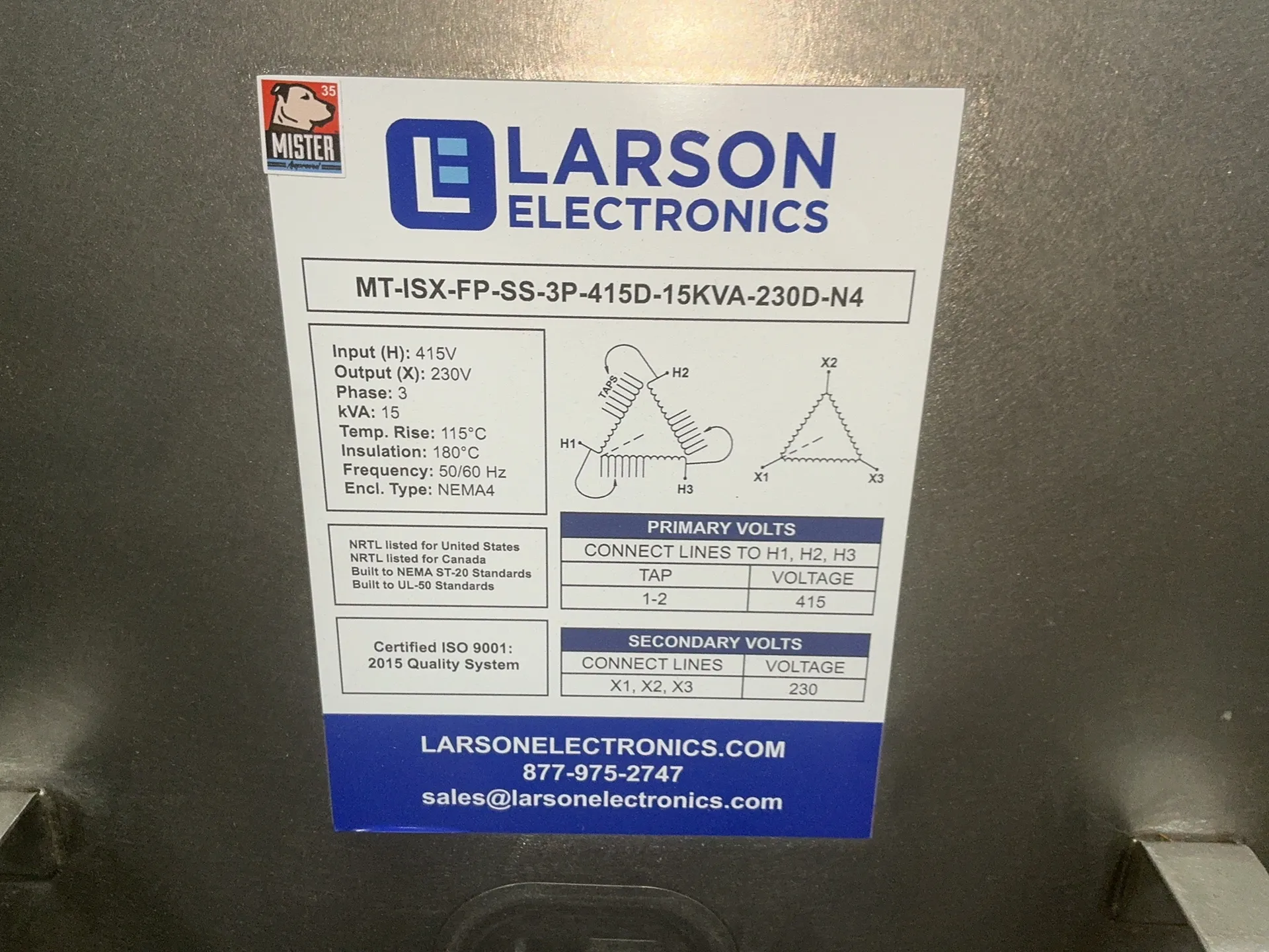 15 KVA 415 Primary, 230 Secondary, Larson Electric MT-ISX-FP-SS-3P-415F-15KVA-230D-N4, transformer, 230/415 - Image 5
