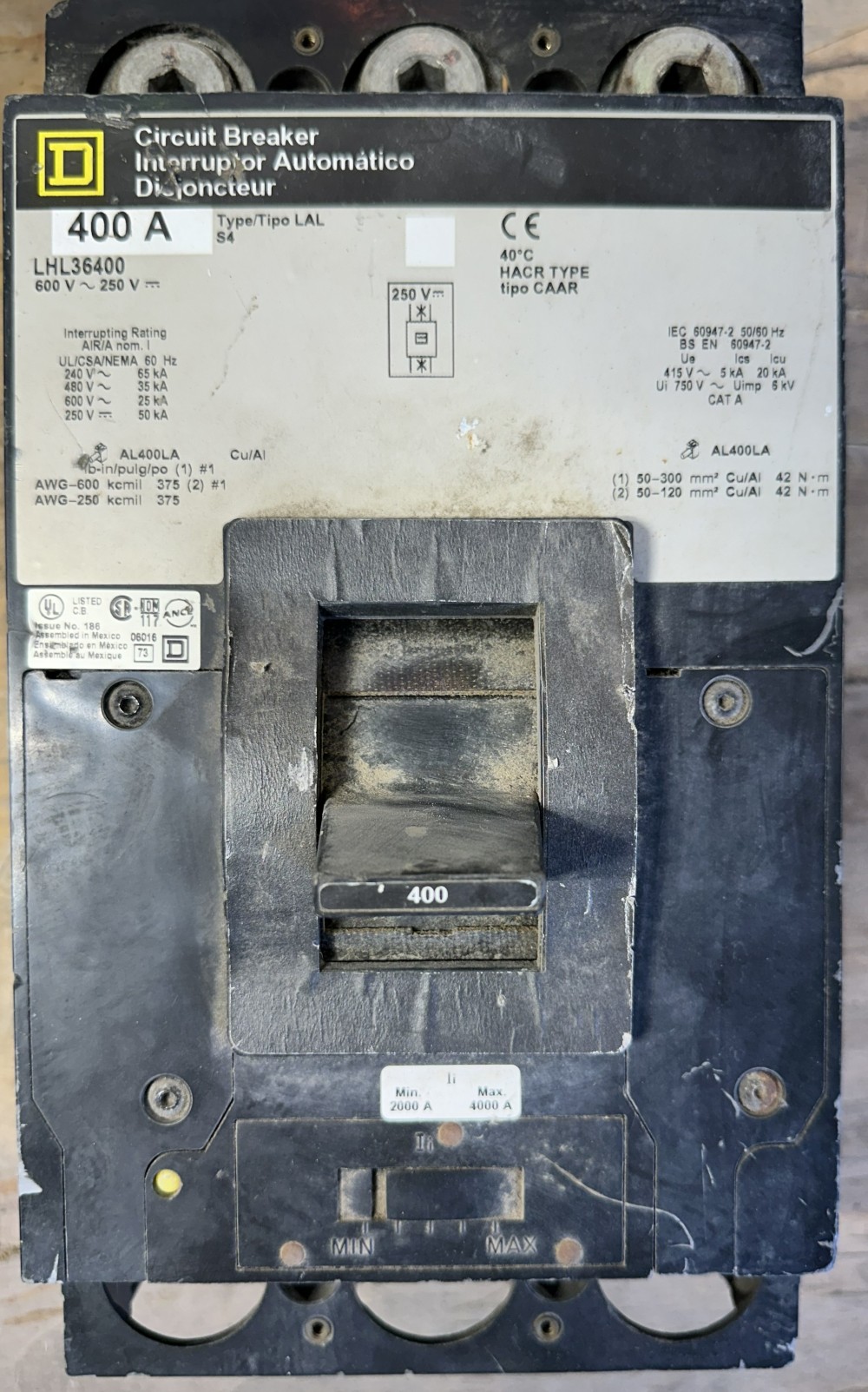 400 Amps, Square D, LHL36400, Type LAL, Molded Case Circuit Breaker, 3-pole, 600 VAC/250 VDC, adj. magnetic - Image 3