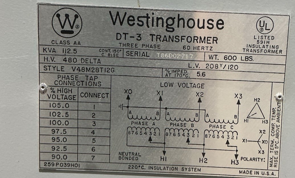 112.5 KVA 480 Delta Primary, 208Y/120 Secondary, Westinghouse 49M28T12G, Transformer, 3PH, 60 Hz - Image 3