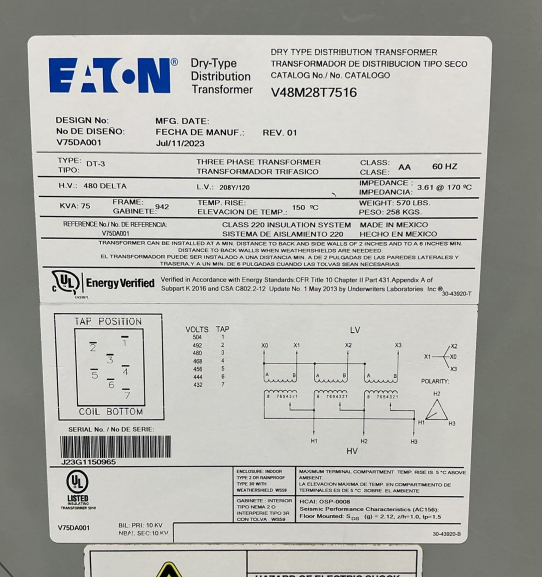 75 KVA 480 Delta Primary, 208Y/120 Secondary, Eaton V48M28T7516, Transformer, 3PH, 60 Hz - Image 2