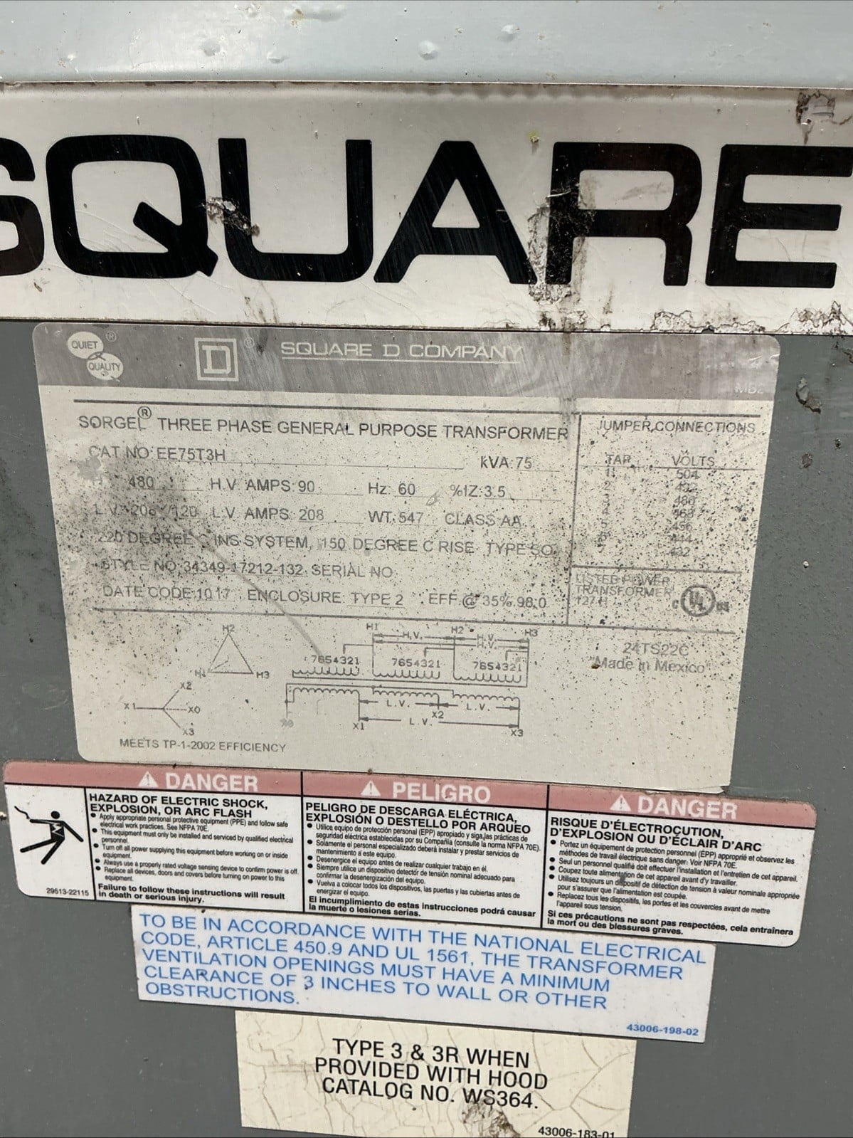75 KVA 480 Primary, 208Y/120 Secondary, Square D EE75T3H, Dry Type Transformer, 3PH, 60 Hz - Image 1