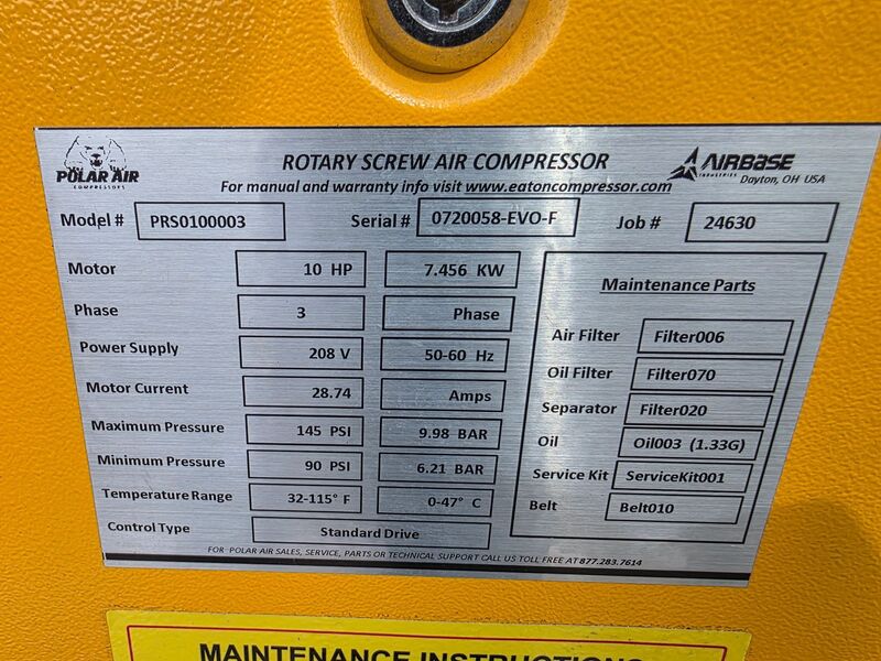 10 HP Polar Air #PRSO100003, rotary screw air compressor, 90-145 psi, 32-115°F, 208 V. - Image 7