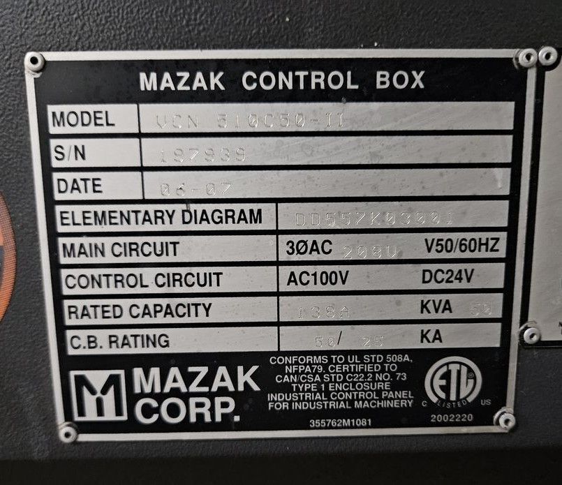 Mazak #VCN-510C/50-II, CNC vertical machining center, 24 automatic tool changer, 41.3" X, 20.8" Y, 20.8" Z - Image 7