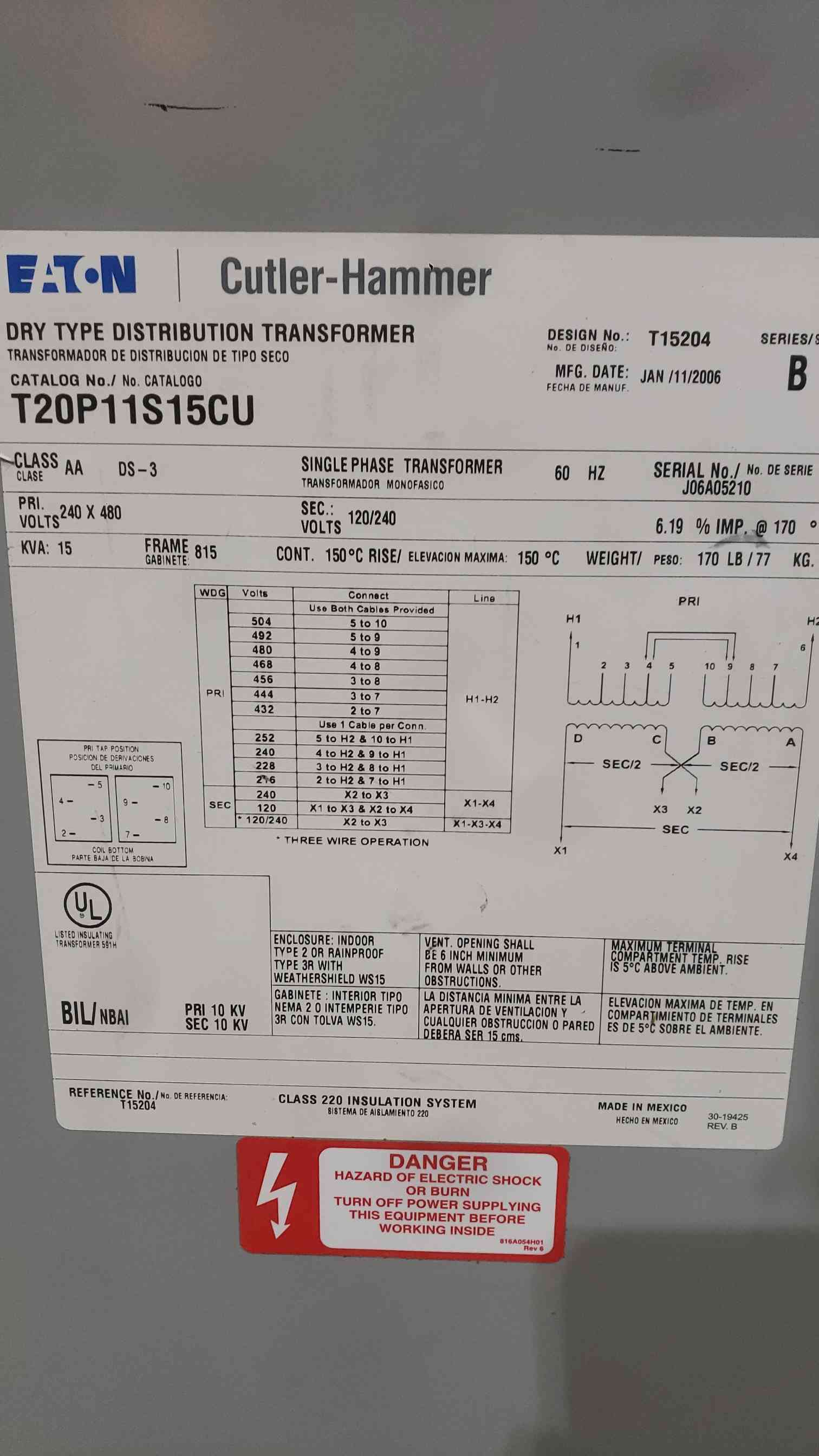 15 KVA 240x480 Primary, 120/240 Secondary, Cutler-Hammer, Dry Type Transformer, 1 Phase, copper, 60 Hz, 150&deg; - Image 2