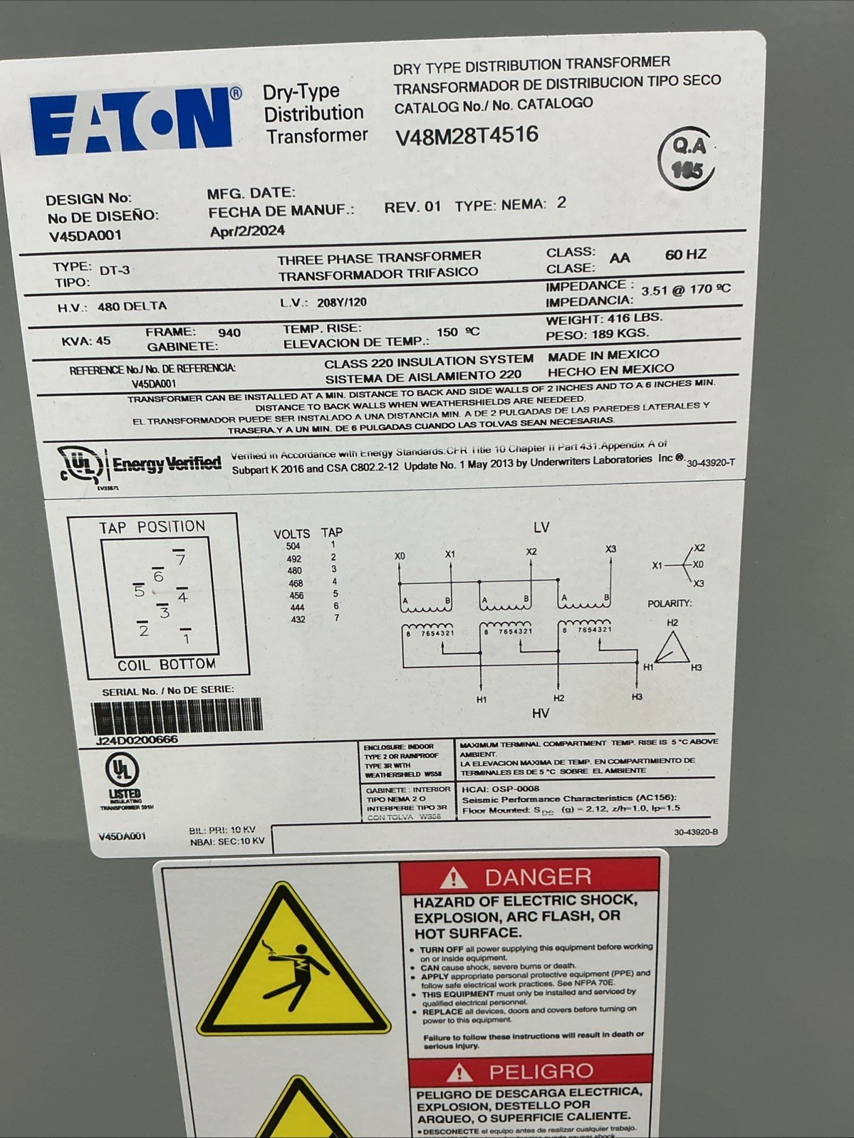 45 KVA 480 Delta Primary, 208Y/120 Secondary, Eaton V48M28T4516, Dry Type Transformer, 3PH, 60 Hz (2 - Image 2