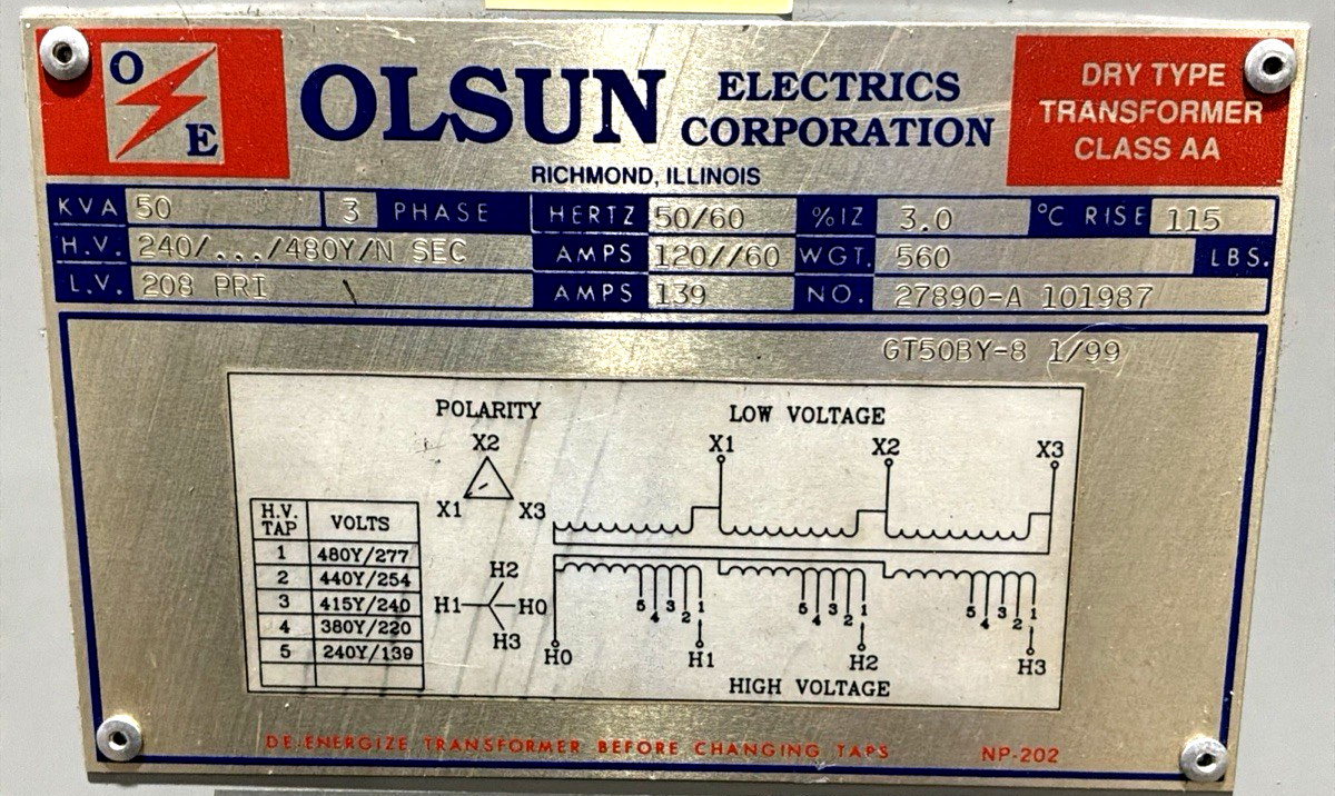 50 KVA 240/480Y Primary, 208 Secondary, Olsun GT50BY-8, Dry Type Transformer, 3PH, 50/60 Hz - Image 2