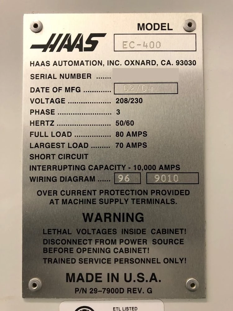 Haas #EC-400, CNC Horizontal Machining Center, 20" X, 20" Y, 20" Z, 15.75" x 15.75" pallet, 12,000 RPM, CAT - Image 3